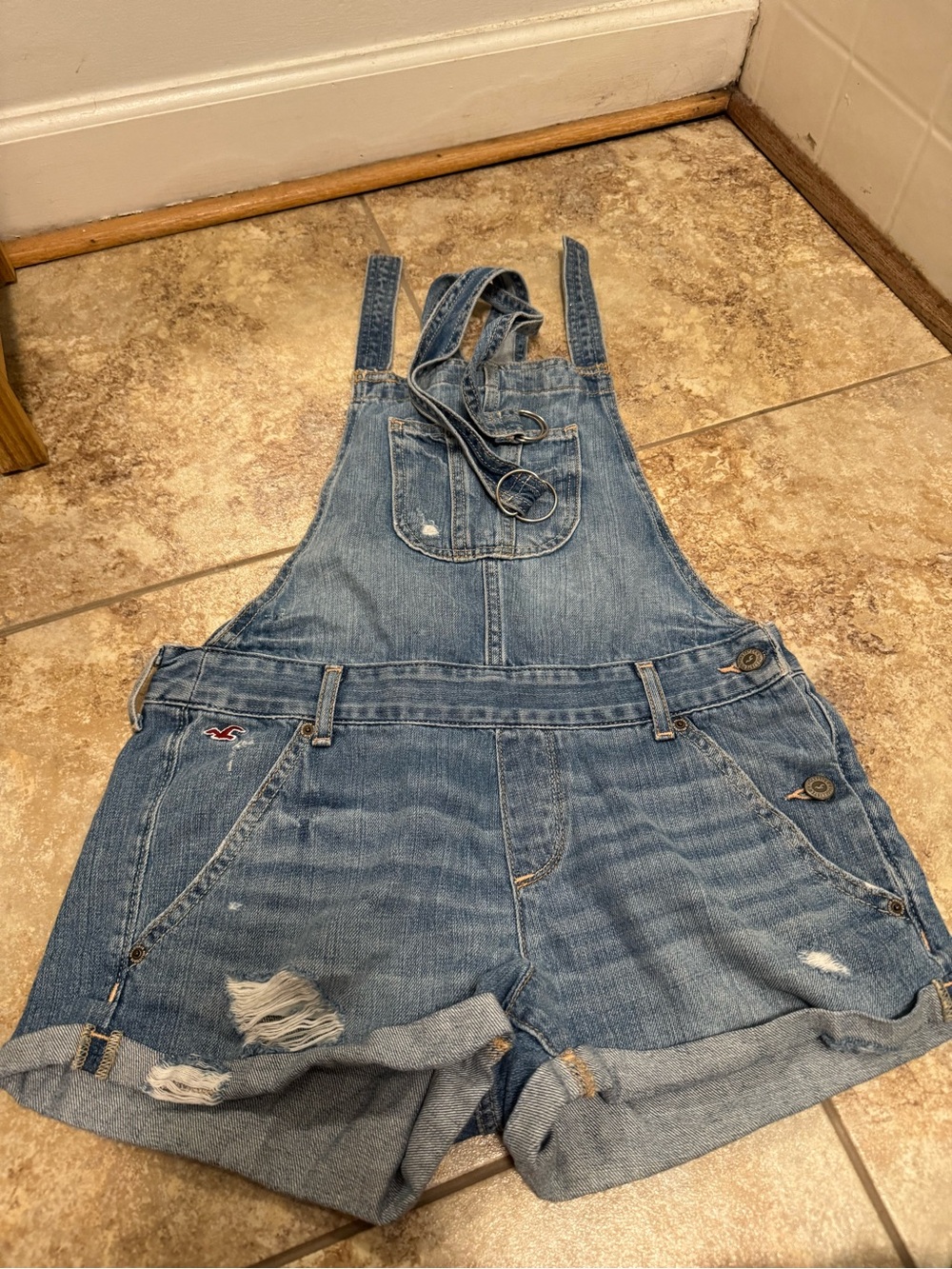 Hollister Medium Blue Distressed Denim Short Overalls